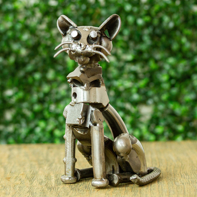 Recycled Metal Whiskered Cat Sculpture from Mexico - Whiskered Cat | NOVICA