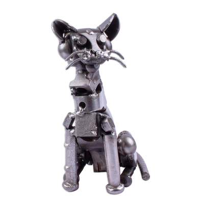 Recycled Metal Whiskered Cat Sculpture from Mexico