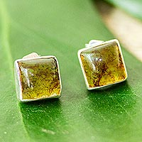 Amber stud earrings, 'Bright Light' - Square Amber Stud Earrings from Mexico