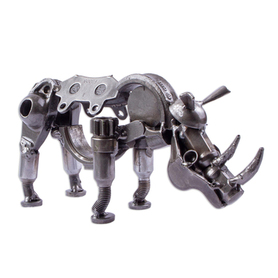 Upcycled auto part sculpture, 'Rustic Baby Rhino' - Recycled Auto Part Small Baby Rhino Sculpture from Mexico