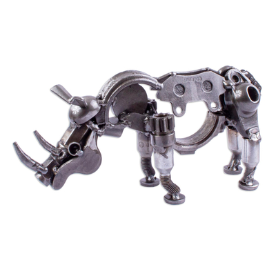 Upcycled auto part sculpture, 'Rustic Baby Rhino' - Recycled Auto Part Small Baby Rhino Sculpture from Mexico