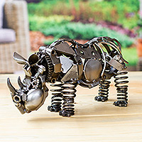Upcycled auto part sculpture, 'Rustic Mother Rhino' - Recycled Auto Part Mother Rhino Sculpture from Mexico