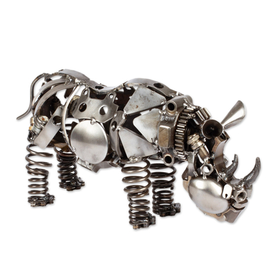 Upcycled auto part sculpture, 'Rustic Mother Rhino' - Recycled Auto Part Mother Rhino Sculpture from Mexico