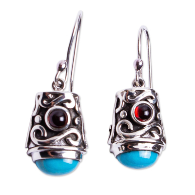 Turquoise & Garnet Ornate Silver Dangle Earrings from Mexico