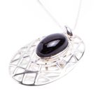Obsidian pendant necklace, 'Lunar Obsidian' - Modernist Silver and Obsidian Pendant Necklace from Mexico