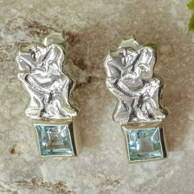 Blue topaz drop earrings, 'Azure Waves' - Mexico Blue Topaz Sterling Silver Textured Drop Earrings