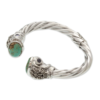 Turquoise and amethyst cuff bracelet, 'Turquoise Catrinas' - Taxco Silver and Turquoise Sugar Skull Bracelet from Mexico