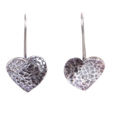Sterling silver drop earrings, 'Hearts on Fire' - 925 Sterling Textured Silver Heart Drop Earrings from Mexico