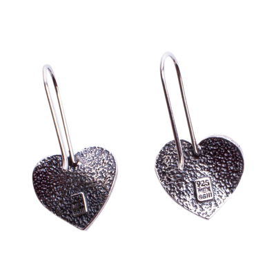 Sterling silver drop earrings, 'Hearts on Fire' - 925 Sterling Textured Silver Heart Drop Earrings from Mexico