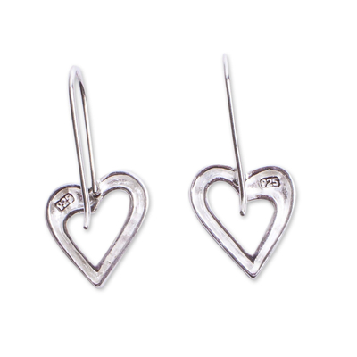 Sterling silver drop earrings, 'Heart Waves' - 925 Sterling Silver Curved Heart Drop Earrings from Mexico