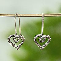 Sterling silver heart drop earrings, 'Curled Hearts'