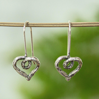 Sterling silver heart drop earrings, Curled Hearts