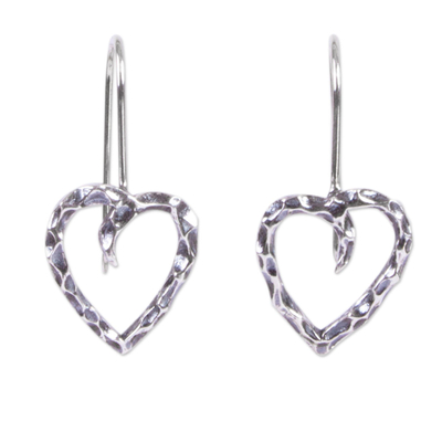 Sterling silver drop earrings, 'Love of My Soul' - 925 Sterling Silver Hammered Heart Drop Earrings from Mexico