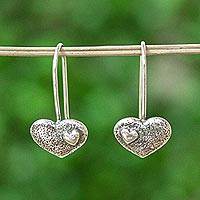 Sterling silver drop earrings, 'Love of Mine' - 925 Sterling Silver Heart Drop Earrings from Mexico