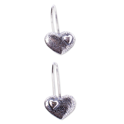 Sterling silver drop earrings, 'Love of Mine' - 925 Sterling Silver Heart Drop Earrings from Mexico
