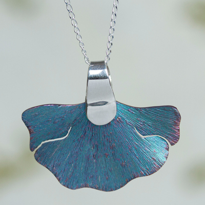 Titanium pendant necklace, 'Blue Betta' - Titanium and Sterling Silver Pendant Necklace from Mexico