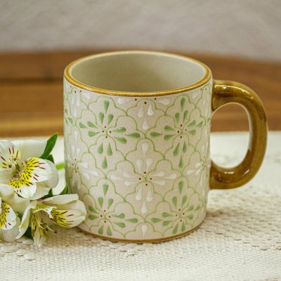 Taza de cerámica, 'Flourish in Green' - Taza de cerámica hecha a mano en México