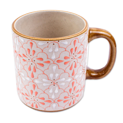 Ceramic mug, 'Flourish in Coral' - Hand Painted Mug from Mexico
