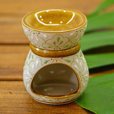 Ceramic oil warmer, 'Calmness in Green' - Hand-Painted Oil Warmer in Green from Mexico