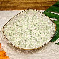 Ceramic serving plate, 'Green Blooms' - Hand-Painted Ceramic Serving Plate from Mexico