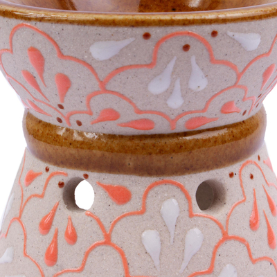 Ceramic oil warmer, 'Calmness in Coral' - Hand-Painted Oil Warmer in Coral from Mexico