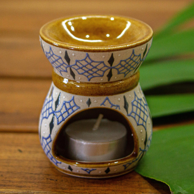Ceramic oil warmer, 'Calm Light' - Hand Painted Beige and Blue Ceramic Oil Warmer from Mexico