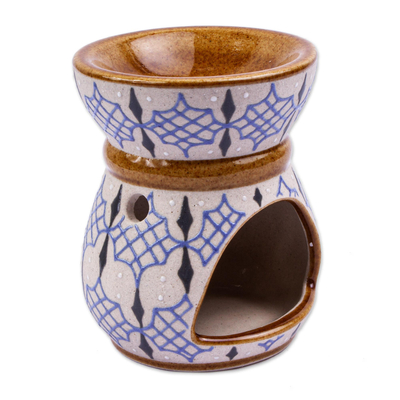 Ölwärmer aus Keramik - Handbemalter beige und blauer Keramik-Ölwärmer aus Mexiko