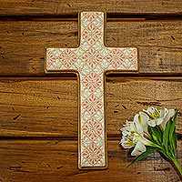 Ceramic wall cross, 'Faith in Coral' - Hand-Painted Ceramic Cross from Mexico