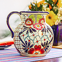 Ceramic pitcher, 'Colors of Mexico' - Colorful Talavera-style Ceramic Pitcher