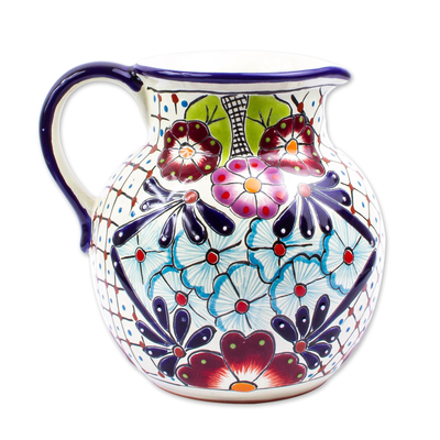 Ceramic pitcher, 'Colors of Mexico' - Colorful Talavera-style Ceramic Pitcher