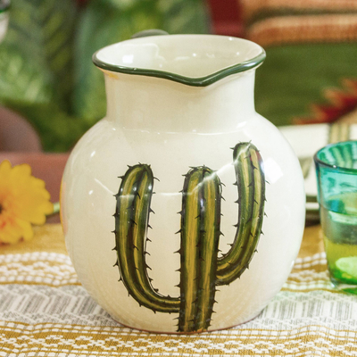 Ceramic pitcher, 'Saguaro' - Hand Crafted Cactus Pitcher from Mexico
