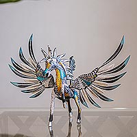 Wood alebrije, 'Azure Pegasus' - Copal Wood Pegasus Alebrije from Mexico