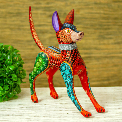 Alebrije-Figur aus Holz - Orangefarbener mexikanischer haarloser Hund aus Kopalholz, Alebrije-Figur