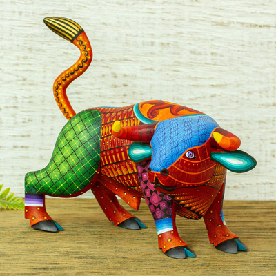 Wood alebrije sculpture, 'Sunset Bull' - Multicolored Wood Bull Alebrije