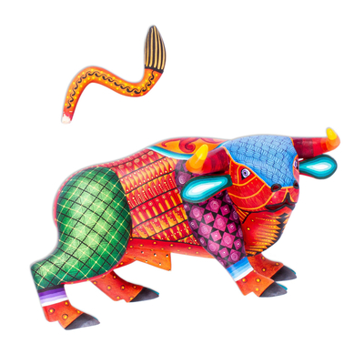 Wood alebrije sculpture, 'Sunset Bull' - Multicolored Wood Bull Alebrije