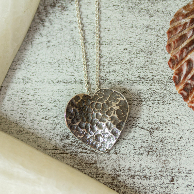 Sterling silver pendant necklace, 'Heart on Fire' - Sterling Textured Silver Heart Pendant Necklace from Mexico