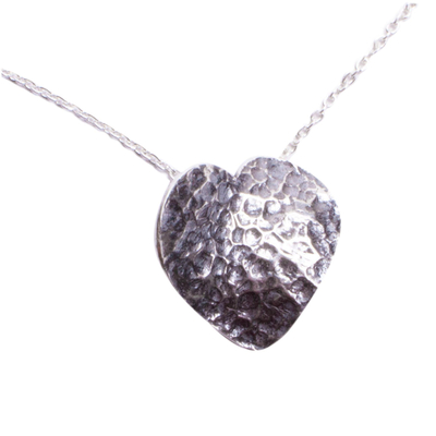 Sterling silver pendant necklace, 'Heart on Fire' - Sterling Textured Silver Heart Pendant Necklace from Mexico