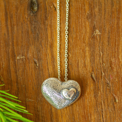 Sterling silver pendant necklace, 'Love of Mine' - Sterling Silver Double Heart Pendant Necklace from Mexico