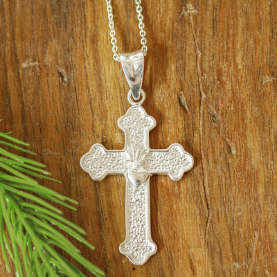 Sterling silver cross pendant necklace, 'Glowing Sacred Heart' - Chain & Cord Sterling Silver Cross Pendant Necklace