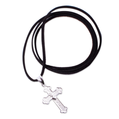 Halskette mit Kreuzanhänger aus Sterlingsilber, „Glowing Sacred Heart“ - Halskette mit Kreuzanhänger aus Sterlingsilber mit Kette und Kordel