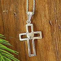Sterling silver pendant necklace, 'Cross and Heart' - Sterling Silver Heart Pendant Necklace from Mexico