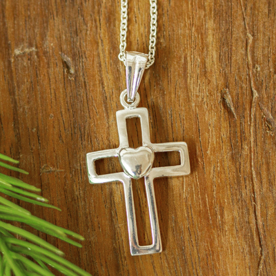 Sterling silver pendant necklace, Cross and Heart