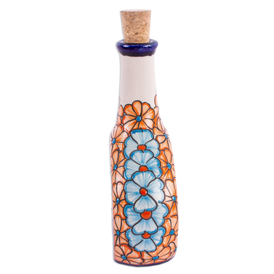 Ceramic decanter, 'Floral Spirits' - Talavera Style Tequila Decanter in Floral Design from Mexico