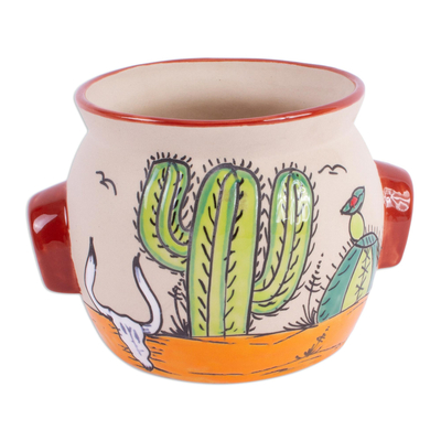 Ceramic flower pot, 'Mexican Desert' - Hand Painted Cacti Flower Pot from Mexico