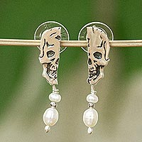 Cultured pearl dangle earrings, 'Skull Pearls' - Silver and Cultured Pearl Skull Dangle Earrings from Mexico
