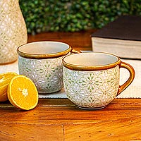 Ceramic mugs, 'Flourish in Green' (pair) - Fair Trade Ceramic Mugs (Pair)
