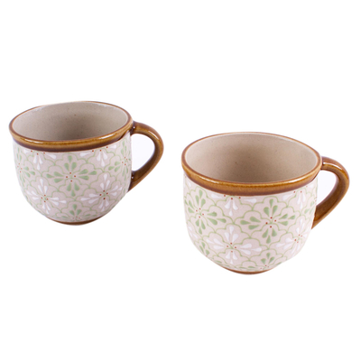 Tazas de cerámica, 'Flourish in Green' (par) - Tazas de cerámica de Comercio Justo (Par)