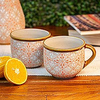 Ceramic mugs, 'Flourish in Coral' (pair) - Coral and Ivory Hand Painted Mugs (Pair)
