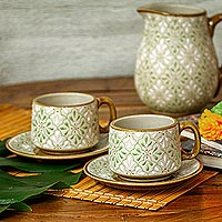 Ceramic cups and saucers, 'Flourish in Green' (pair) - Green and Ivory Ceramic Cups and Saucers (Pair)