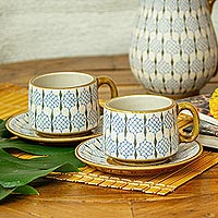 Ceramic cups and saucers, 'Web of Dew' (pair) - Blue and Ivory Ceramic Cups and Saucers (Pair)